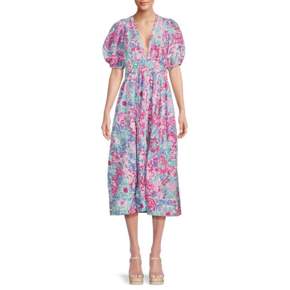 Poupette St Bart Womens Midi Dress Reine Floral V-neckline Buttoned Pink Size